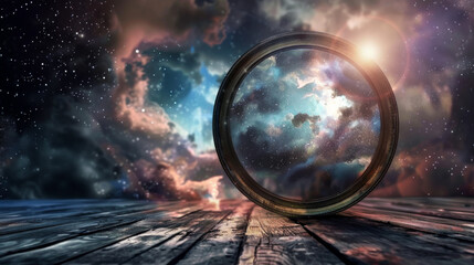 Wall Mural - A large glowing mirror in the shape of a circle floats in the sky above the wooden floor. The circle is surrounded by a hazy, otherworldly atmosphere.