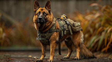 Wall Mural - German shepherd dog with a backpack, a working animal, standing on the ground