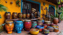 Vibrant Display Of Caribbean Musical Instruments, Including Steel Drums, Maracas, And A Colorfu