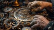 Close-up view of a skilled horologist meticulously repairing the inner workings of old clocks