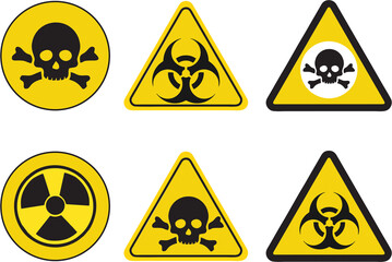 Radioactive, toxic, bio hazard signs. Warning danger or poison symbol for packing printing label, poster or banner. Keep away message. High quality image for reuse on media and web. 