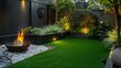 Small garden's evening peace with artificial grass, warmed by fire pit under soft lights.