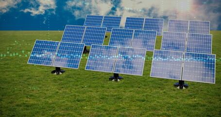 Canvas Print - Image of financial data processing over solar panels and landscape