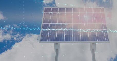 Sticker - Image of financial data processing over solar panels and landscape