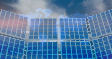 Wall Mural - image of financial data processing with numbers over world map and solar panels