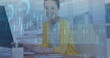 Image of multiple graphs moving over portrait of smiling asian businesswoman in office