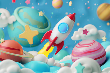 Wall Mural - colorful cartoon rocket flying among the planets. space background for children