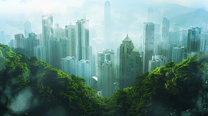 Wall Mural - Double exposure city landscape with green summer forest overlay