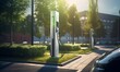 Charging station for electric cars in the city at sunset, closeup