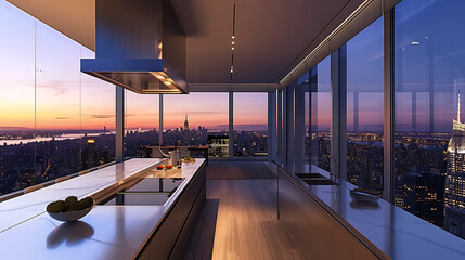 a big kitchen in a penthouse with the whole view over the city 