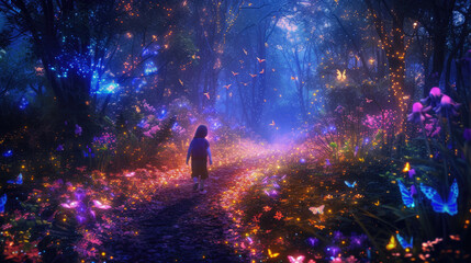 Wall Mural - Fairy tale forest with glowing neon flowers, child walks in dark magical woods with lights. Concept of fantasy world, path, wonderland, mystery, art