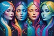 A series of stylized portraits of women with flowing hair and a colorful, artistic flair, combining beauty with vibrant graphic design.
