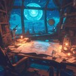 Explorer's Study: A Mystical Cabin with a Glowing Moon Map and Antique Books