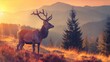 Majestic stag silhouetted against sunset mountains - A stag stands in a mountainous landscape, bathed in the warm glow of a setting sun filtering through the trees and hills