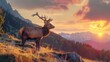 Stag with antlers on a mountain at sunrise - A regal stag surveys the land with grand antlers as the first light of sunrise illuminates a rugged mountain landscape