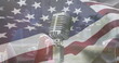 Image of flag of usa over african american mother and son blowing bubbles and retro mic