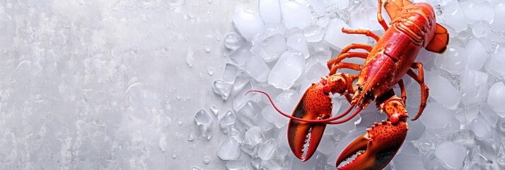 Wall Mural - horizontal banner for fish market, fresh seafood, big red lobster lying on crushed ice, ice cubes, food preservation, light background, copy space, free space for text