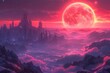 A massive red moon hangs in the sky over a futuristic cityscape filled with towering buildings and advanced technology
