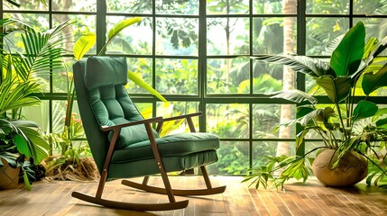 Poster - Serene Indoor Garden Space with Rocking Chair. Peaceful Greenery with Natural Light. Ideal for Relaxation, Home Decor. AI