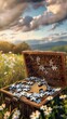 Pieces of an Outdoor Puzzle Spill from Vintage Picnic Basket in Idyllic Countryside Meadow