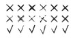 Hand drawn check marks and crosses. Set of black grunge signs, symbols, marks. Vector illustration.