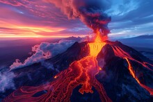 Volcano Eruption Spewing Vibrant Lava Flows And Ash Clouds In Dramatic Twilight Sky Showcasing Nature S Raw Power