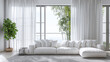 luminous diaphanous spacious white living room with high curtains and white sofa set, minimalist interior design, fresh summer vibe
