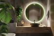 Modern bathroom with LED lighting, round mirror, and wooden elements. Refined style design. 3D Rendering