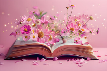 Wall Mural - Open book with levitating colorful flowers on a pink background, celebrating creativity and knowledge. Perfect for world book day and education-related designs.