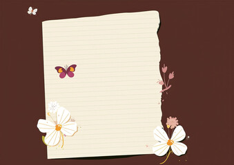 Wall Mural - Blank, beige sheet on a brown background with flowers around the edges
