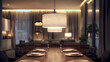 An elegant dining room with a large wooden table and statement lighting.