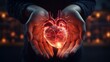 Glowing human heart in hands.