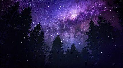 Wall Mural - Dark, purple starry sky over the forest

