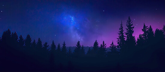 Poster - Dark, purple starry sky over the forest
