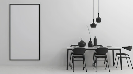 Wall Mural - A large white poster in a black frame on the wall near the table.
