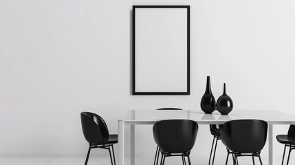 Poster - A large white poster in a black frame on the wall near the table.
