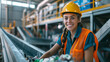 Smiling female worker in safety gear sorting recyclables on a conveyor belt, promoting sustainability and workforce diversity