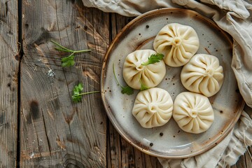 Wall Mural - Homemade meat khinkali in plate on wooden table