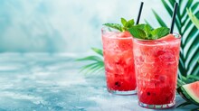 Watermelon Summer Cocktail With Ice And Mint Leaves.