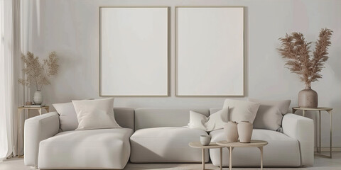 Two large frames on the wall in the room above the sofa
