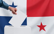 Elections, Panama. Voting concept. A hand throws a ballot into the ballot box. Panama flag on background.