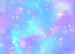 Hologram background with rainbow mesh. Liquid universe banner in princess colors. Fantasy gradient backdrop. Hologram magic background with fairy sparkles, stars and blurs.