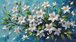 blooming jasmine branches on blue painted with oil paints	