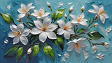 Fototapeta Motyle - blooming jasmine branches on blue painted with oil paints	