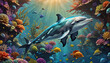 Fantasy Artwork Oil Painting of a Dolphin Swimming Between a Vividly Colored Coral Reef with Alcohol Ink Water Backdrop.