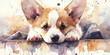Adorable Watercolor Painted Corgi Puppy Resting with Expressive Eyes