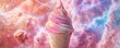 A fantastical 3D illustration of an ice-cream cone, its scoops a microcosm of the galaxy with shimmering stars and colorful gas clouds