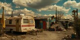 Fototapeta  - an old trailer and a camper are parked in a junkyard