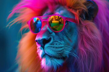 Wall Mural - Lion with a rainbow mane and wearing sunglasses