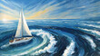 Sailboat on the sea in whirlpool or maeltrom with waves, ocean and wind. AI illustration. Concept confusion, danger.